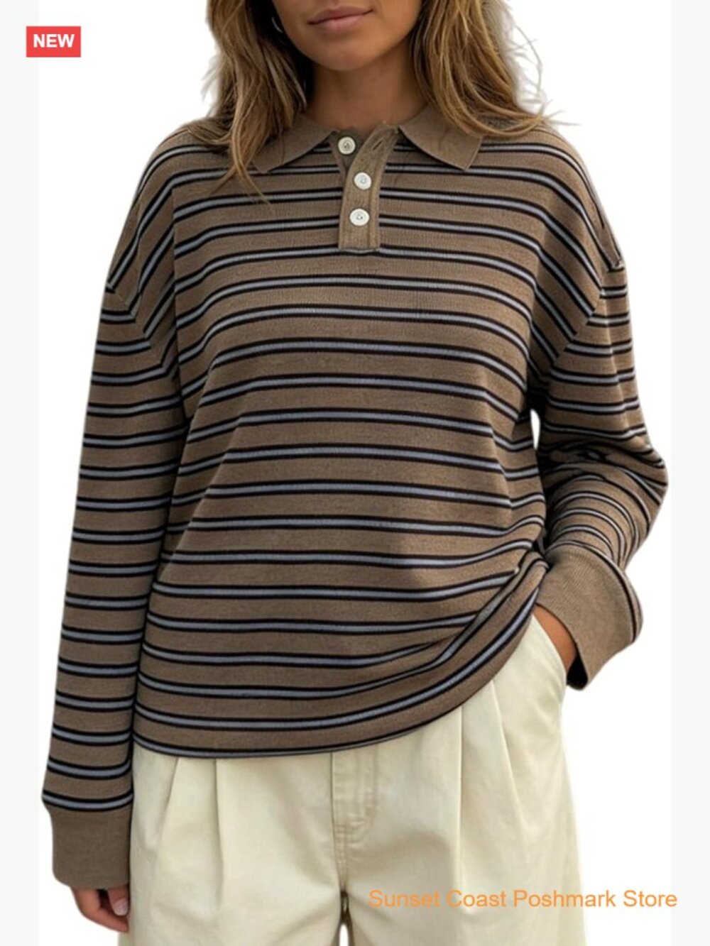 Oversized Striped Collared Long Sleeve Preppy Polo Sweater Knitted Rugby Shirt